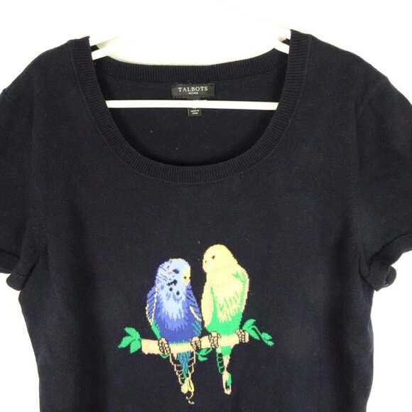 Talbots Parakeets Sweater Top Women's Petite Size SP Blue Cotton Short Sleeve - Picture 3 of 7